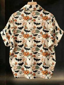 EMERY ROSE Plus Size Halloween Bat & Pumpkin Print Shirt - Multicolor - View 2