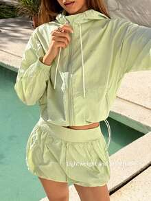 Fluxe Women Mint Green UV Protection Zip Up Hooded Cropped Jacket Long Sleeve Lightweight Sun Protection Gym Running Hiking Athletic Sportswear - Mint Green - View 2