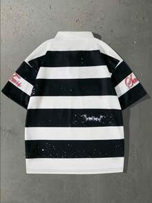 ROMWE MEN Street Life Teen Boy Colorblock Letter & Number Print Casual Everyday Short Sleeve T-Shirt - Black and White - View 2