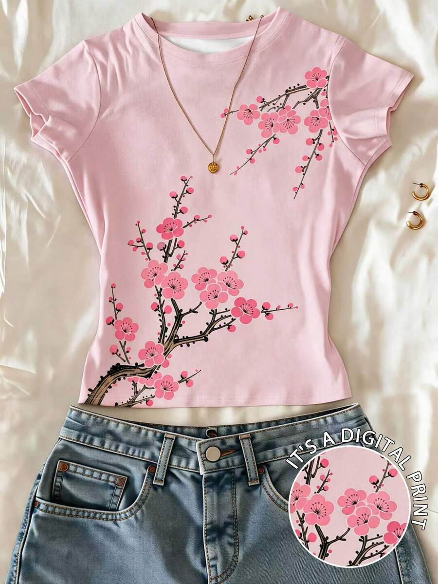SHEIN Kaos Slim Fit Motif Bunga Plum Digital - Berwarna merah muda - View 1