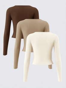 SHEIN Tall CURVE 3 قطع تي شيرت نسائي مقاس كبير بلون موحد وياقة مربعة بقصة ضيقة متعددة الاستخدامات للاستخدام اليومي بأكمام طويلة - متعدد الألوان - مشاهدة 2