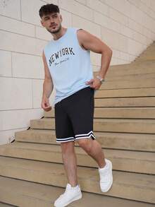 LEOGASHI Men's Street Academy Style Black And White Casual Shorts,Summer Loose-Fitting Gym Sporty Wear,High Street Color-Blocking Drawstring Design - Black - View 3