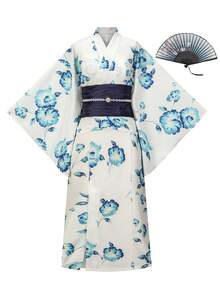 Irokai 日式傳統和服白色底藍綠花卉圖案女款改良兩件式浴衣套裝 - 彩色 - 查看 5