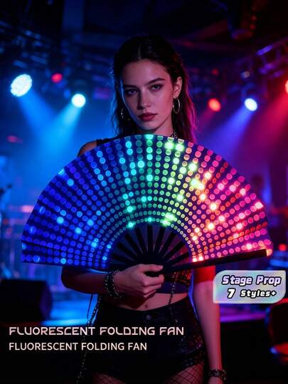 1件創意印花螢光發光功夫扇舞道具折扇，適用音樂節、Rave、演唱會、派對、舞台表演、嘉年華遊行、夜店舞動活動、戶外聚會慶祝，男女適用，節日趣味互動裝飾禮物