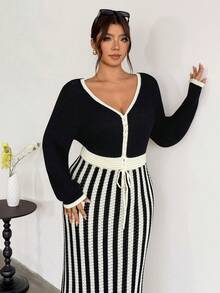Firerie Plus Size Colorblock Striped Patchwork Knit Dress - Multicolor - View 6