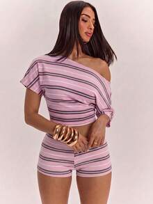 SHEIN BAE 女款不對稱領條紋拼接短版T恤與休閒短褲兩件套 - 彩色 - 查看 4