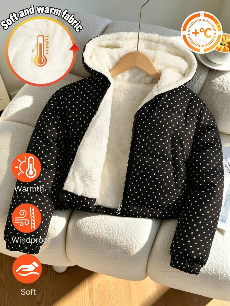 SHEIN 青少年女孩冬季外套,女孩冬季黑色復古波點填充外套,羊羔絨內裡加厚,連帽,領子,休閒,秋季,長袖 - 黑色 - 查看 1