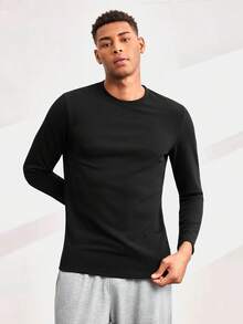 Driftmere Men's Simple Fashionable Ribbed Texture Pullover Long Sleeve Tee, For Fall - Black - View 4
