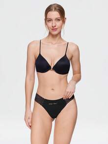 Bonmuse European And American Sexy Ice Silk Lace Patchwork Solid Color Women's Triangle Panties - Black - View 7