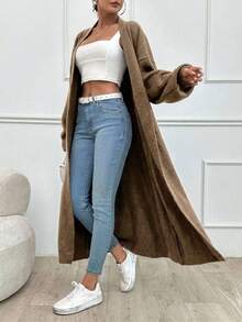 SHEIN Tall Cárdigan con bolsillos dobles y hombros caídos - Camel - Ver 5