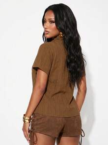 Normani Women's Solid Color Tie Neck Short Sleeve Casual Loose Fit T-Shirt - Brown - View 2
