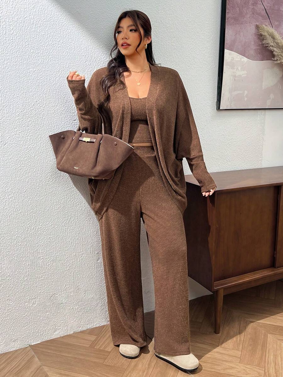 Lounesse Plus Size Casual Solid Color Camisole Top, Loose Long Pants And Long Sleeve Knit Cardigan 3-Piece Set