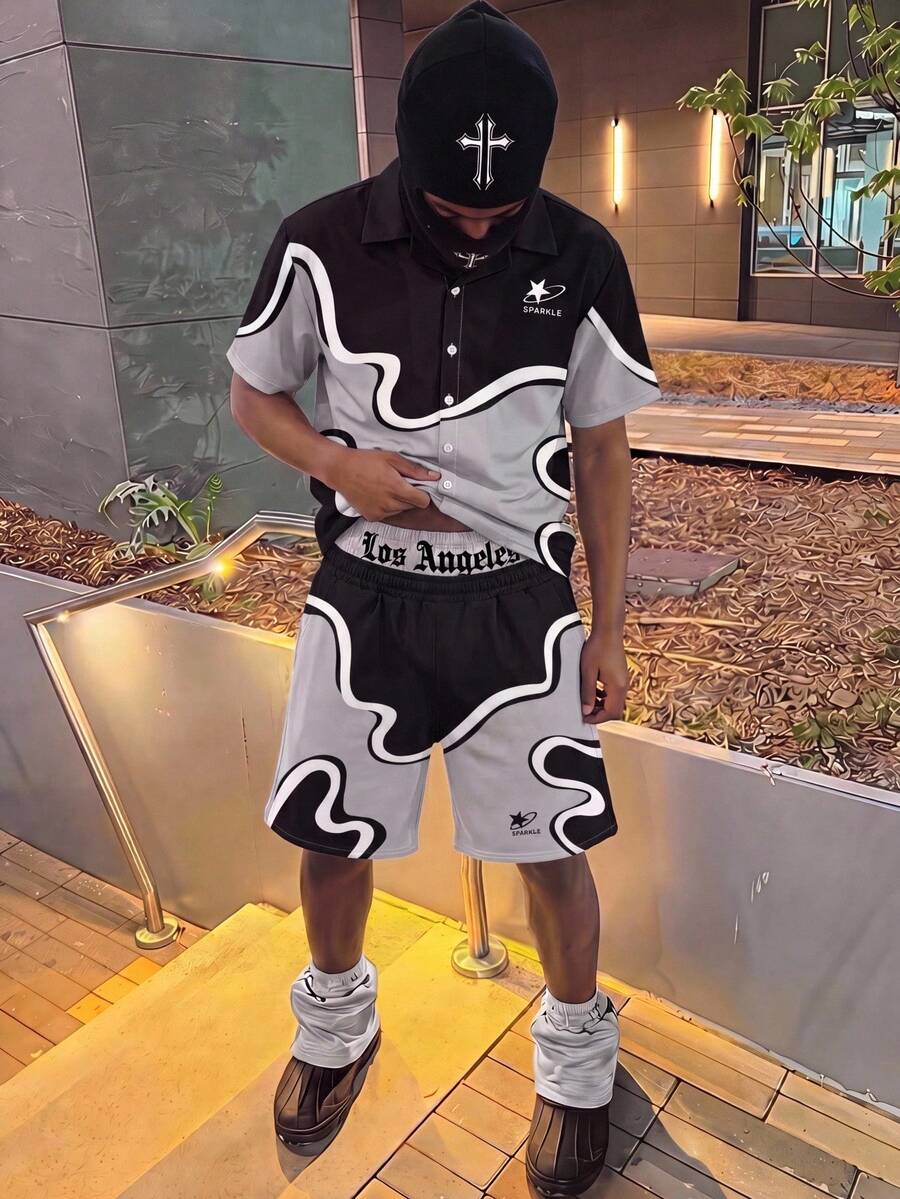 2件組兒童青少年男孩休閒水墨圖案黑色上衣與黑色短褲套裝，夏季上衣、夏季短褲，適合春夏、家庭聚會、返校季、婚禮季、運動、生日派對 - 彩色 - 查看 1