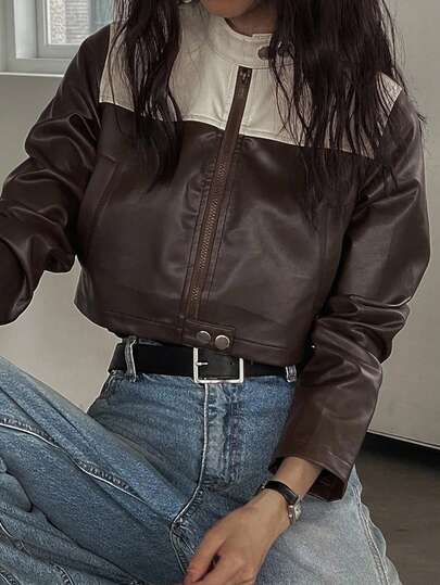 Dazy-Less Women's Colorblock Zipper Casual Versatile Daily Travel Long Sleeve Jacket