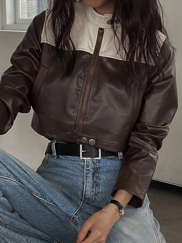 Livesso Chaqueta de cuero marrón para mujer con cuello alto, manga larga, cremallera, ajuste ceñido y corte corto estilo motocicleta