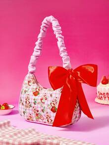 Strawberry Shortcake X SHEIN Tas Selempang Motif Gadis Stroberi dengan Tali Bergelombang & Dekorasi Pita, Tas Bahu Kotak-kotak Lucu untuk Penggunaan Sehari-hari - Berwarna merah muda - View 2