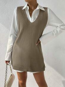Cloudara Split Hem Sweater Vest Without Blouse - Camel - View 4