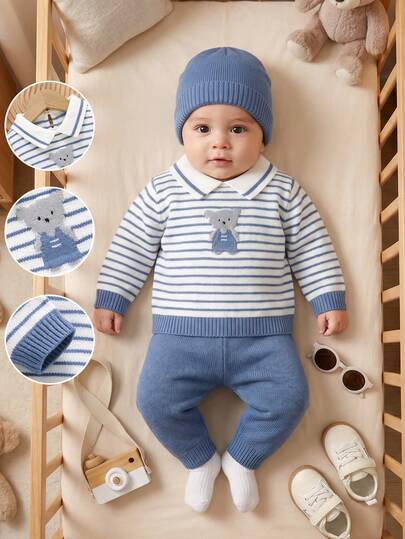 SHEIN Conjunto de suéter de punto con cuello polo a rayas azul y blanco para bebé niño, top de manga larga con jacquard de oso 3D & pantalones de unicolor con puños, conjunto de 2 piezas, ropa de punto suave y amigable con la piel para niños pequeños, primavera otoño invierno, uso casual en casa & exterior, versátil para uso diario, reuniones familiares, viajes y juegos