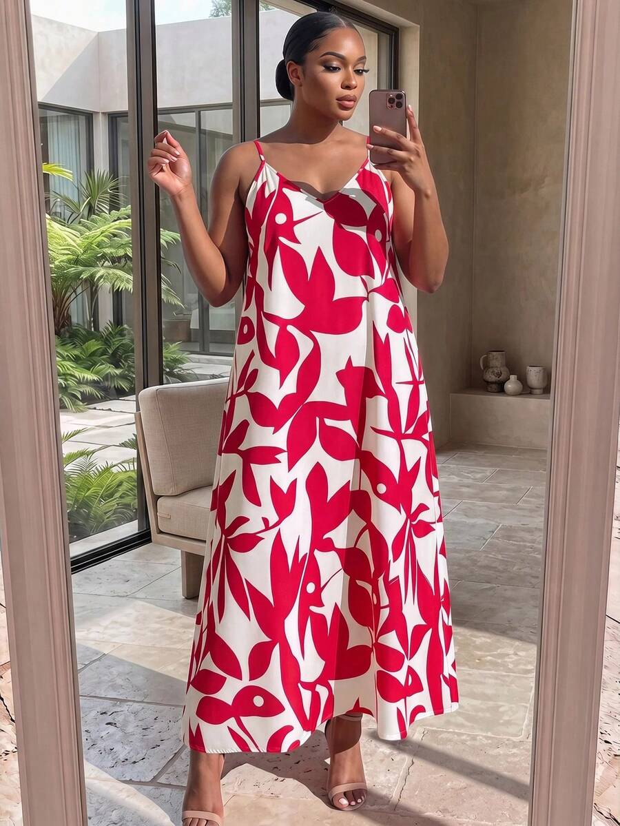 SHEIN Lady CURVE 大尺碼女款全印花休閒日常夏季旅行細肩帶洋裝 - 紅白色 - 查看 1