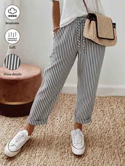 SHEIN Holidaya Vacation Style Black & White Vertical Striped Drawstring Waist Rolled Hem Ankle Length Casual Straight Leg Pants, Fresh Striped Design With Beach Relaxed Vibe, Suitable For Daily Outings, Beach Vacation, Home Wear, Minimalist Retro Versatile Fit