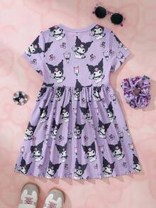 HELLO KITTY AND FRIENDS | SHEIN Young Girl Letter Cartoon Print Round Neck Short Sleeve Dress - Purple - View 2
