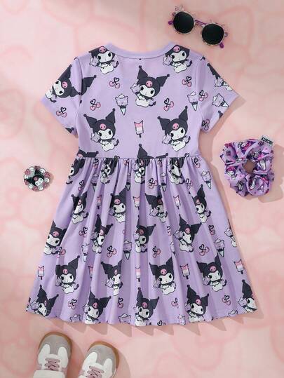 HELLO KITTY AND FRIENDS | SHEIN Young Girl Letter Cartoon Print Round Neck Short Sleeve Dress