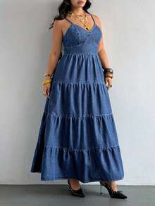 SHEIN Holidaya Plus Size Summer Casual Tie Back Open Back Spaghetti Strap Denim Dress - Blue - View 6