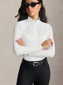 Activina 女款 Bar Color 立領半開襟對比拉鍊套頭馬術上衣 長袖 T-shirt 時尚夏季秋季透氣面料 - 白色 - 查看 6