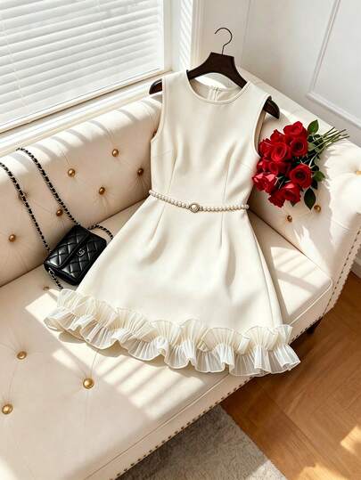 Qadelle Women's Round Neck Frill Trim Casual Daily Summer Dress