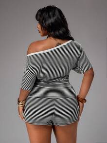 Rustia Women's Plus Size 2-Piece Set, Asymmetrical Shoulder Asymmetrical Short Sleeve T-Shirt + Striped Shorts, Elegant Cute Vacation Casual Homewear, Spring/Summer - Black and White - View 2