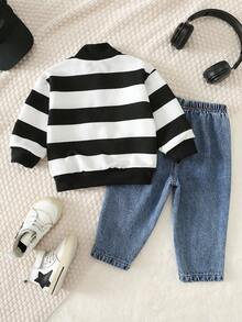 Bubblio Baby Boy Toddler Boys Striped Zip-Up Hoodie And Long Pants Casual Set Mommy And Me Suitable For Birthday,First Day Of School,Glamorique Kids,Holiday - Multicolor - View 3