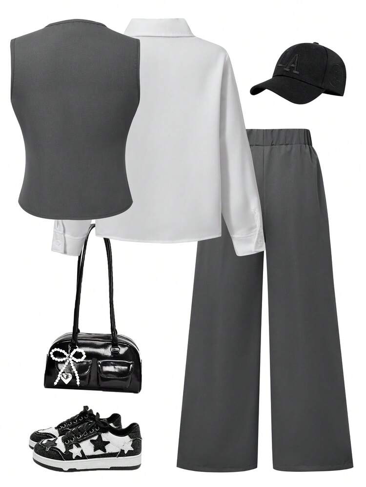 SHEIN Tween Girl Spring/Autumn Cute Deep V-Neck Sleeveless Belted Jacket White Shirt Wide Leg Straight Pants 3 Pieces Set Grey Teachers' Day School - Grey - View 8