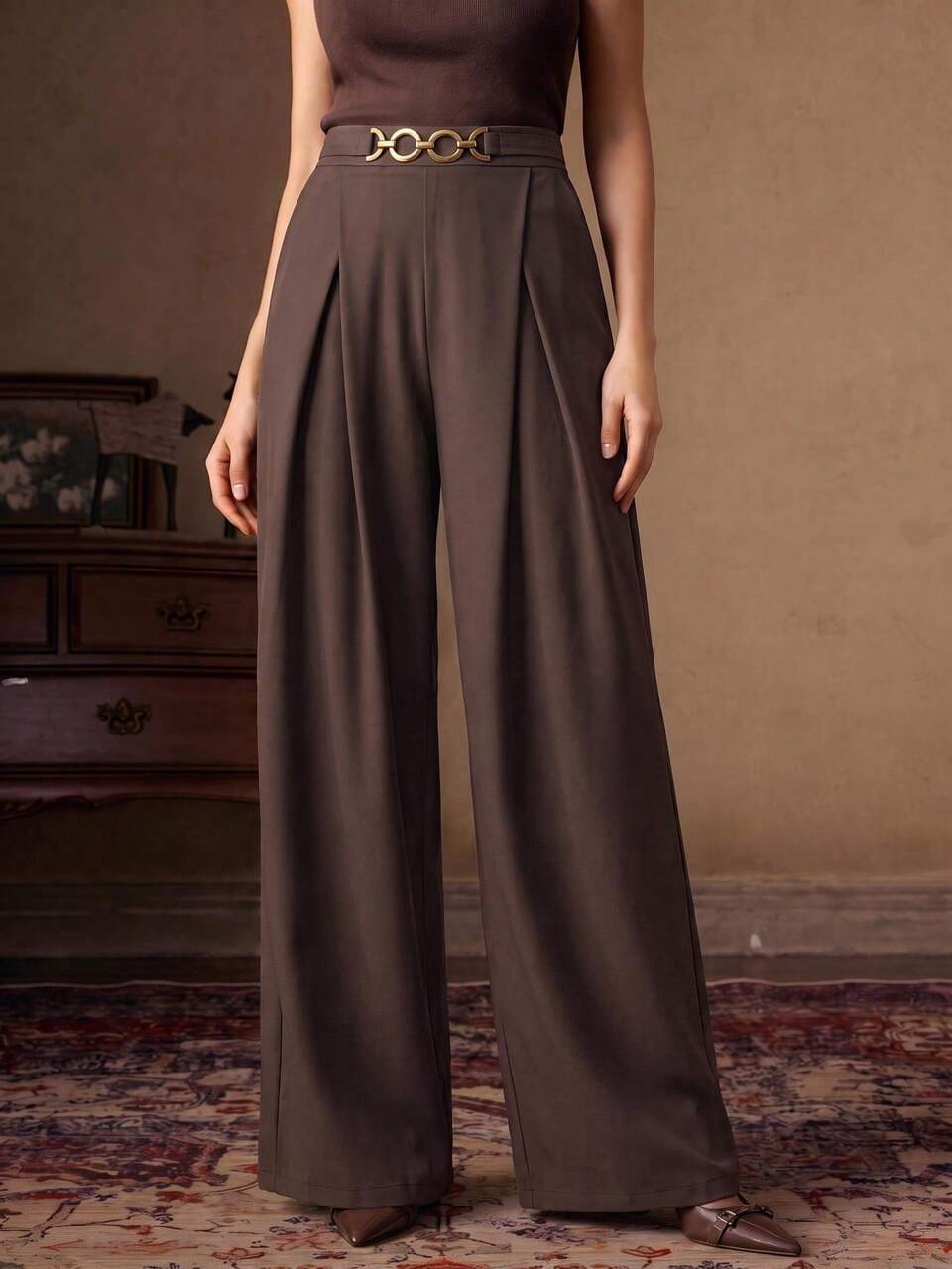 Anewsta Elegant Elegant Professional Coffee Color Wide Leg Suit Pants Summer Loose Pleated Versatile Wide Leg Pants