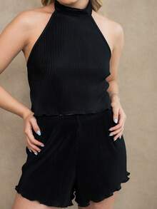 Ximena Robles Ximena Robles 女款簡約純色掛脖上衣與短褲套裝 黑色優雅 - 黑色 - 查看 3