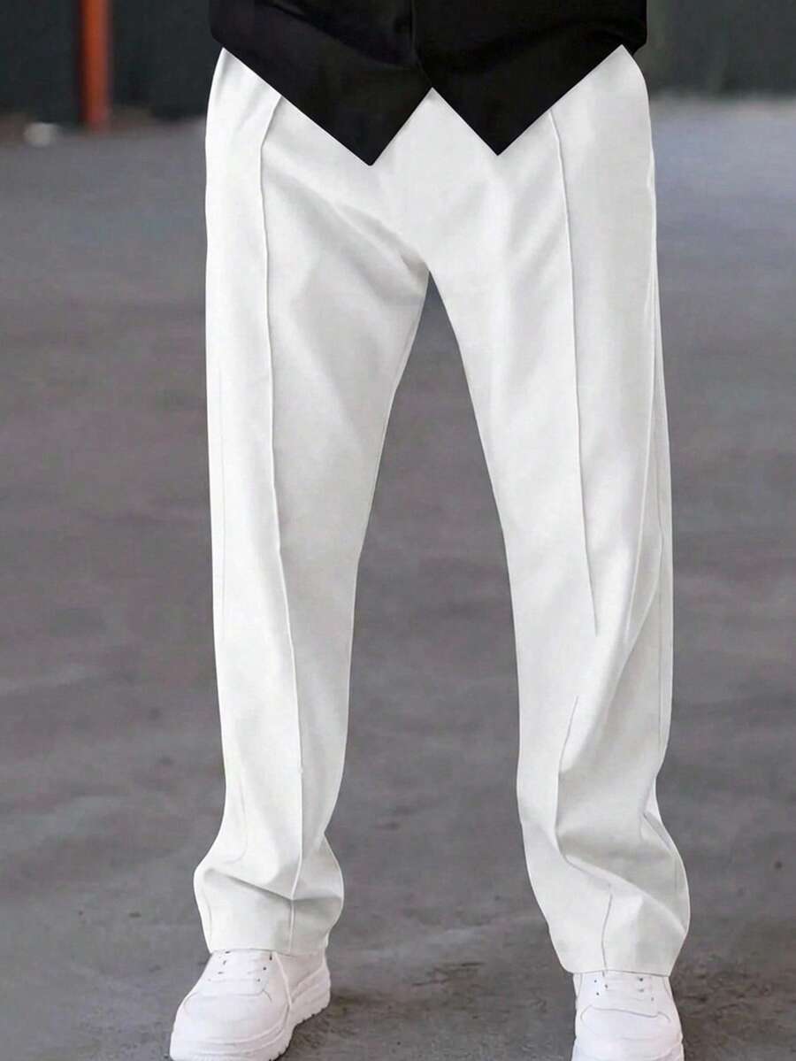 SHEIN Tween Boy Casual Solid Color Toothpick Pleat Decor Drawstring Elastic Waist Long Pants, Suitable For Autumn, Spring, Winter, Ideal For Outdoor Play, School, Street Style, Party Casual, High Cost-Performance - White - View 1