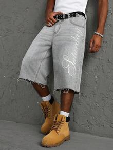 Manfinity EMRG Men's Casual Daily Denim Wide Leg Shorts With Pocket, Button And Letter Pattern - Light Grey - View 5