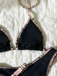 Elavelle Solid Color 3 PiecesBikini Set Women's Swimwear For Hot Spring Vacation - Black - View 5
