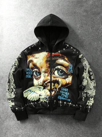 Street Life Teen Boy Letter & Character Print Long Sleeve Zip-Up Hooded Sweatshirt