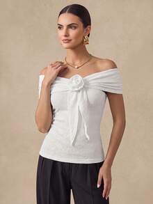 Almamuse Camiseta de mujer con flor 3D de cinta de punto jacquard - Multicolor - Ver 4