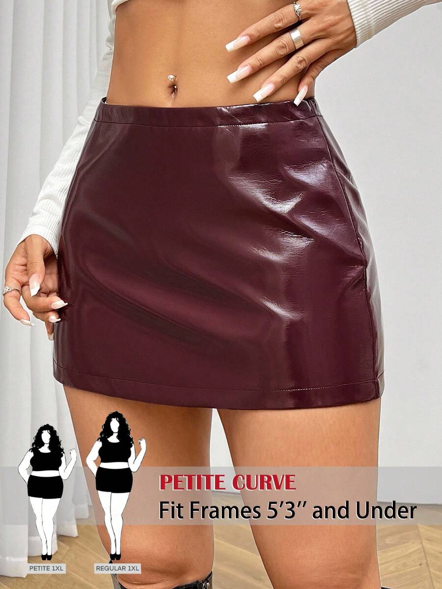 SHEIN PETITE CURVE 大尺碼女款修身低腰迷你秋季PU皮革裙 - 酒紅色 - 查看 1
