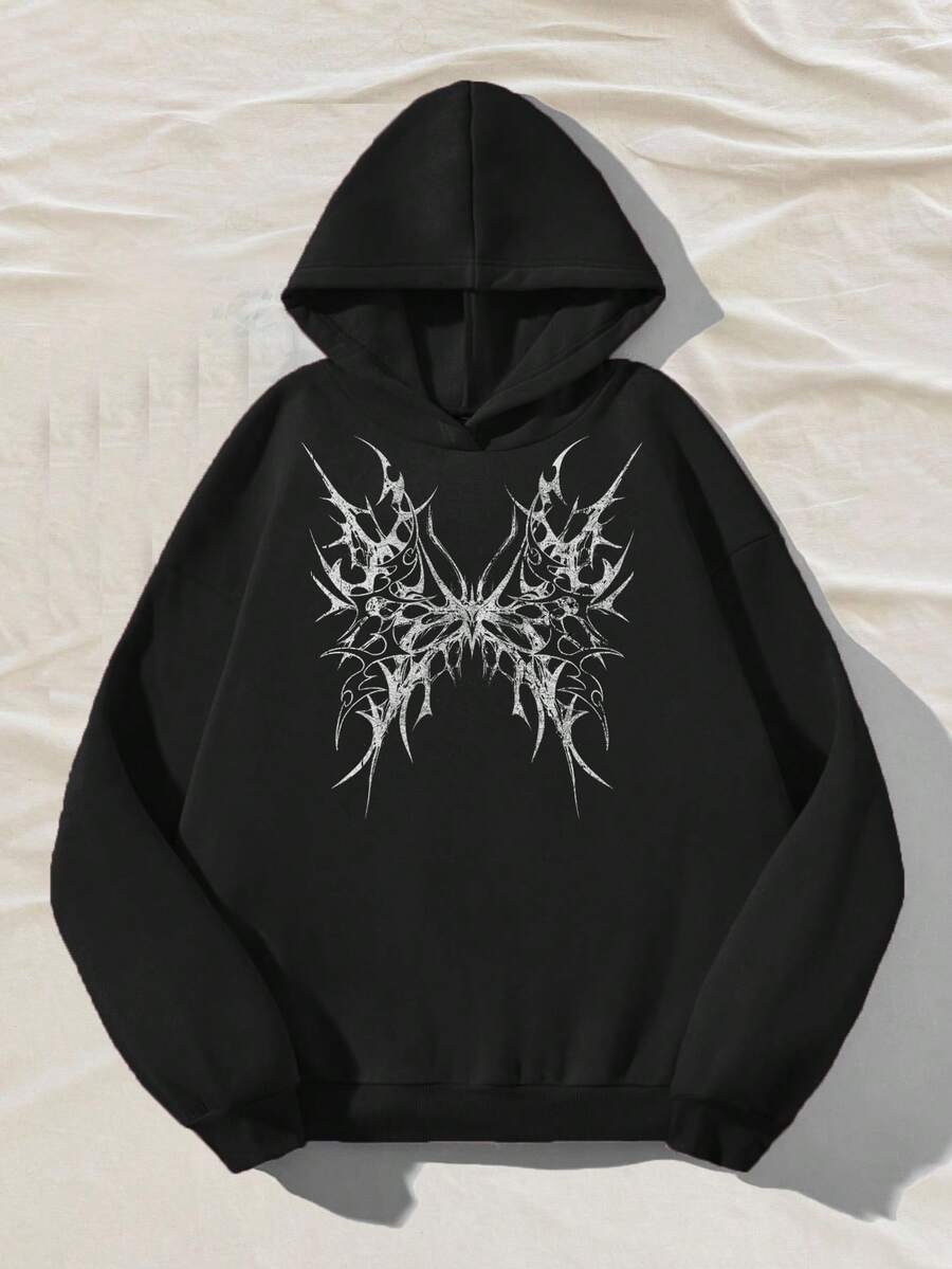 SHEIN EZwear 黑色連帽長袖寬鬆女款厚款運動衫,休閒極簡復古龐克 Y2K 百搭派對穿搭,音樂節哥德風,夏季 - 黑色 - 查看 1