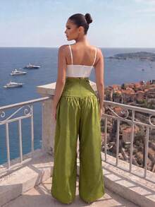 Sirith Women's Solid Color High Waist Eyelet Lace-Up Wide Leg Long Pants - Army Green - View 2