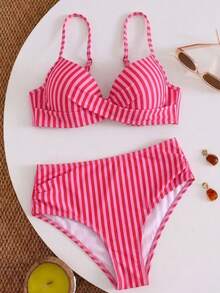 SHEIN Swim 2025 女款夏季海灘豹紋性感比基尼兩件式泳衣套裝 - 紅色 - 查看 5