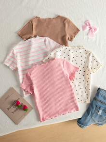 SHEIN 4件組少女3D草莓貼布、蝴蝶結刺繡與波點印花，粉色與白色條紋針織荷葉邊T恤，百搭套頭上衣，適合日常穿著 - 彩色 - 查看 2
