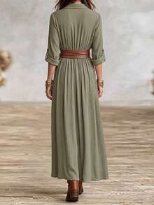Hotletica Women's Collared Pleated Waist Single-Breasted Long Dress In Army Green - Army Green - View 2