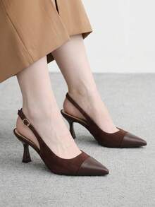 CUCCOO BIZCHIC Women Slingback Heels Mixed Material Design Pointed Toe Elegant Office Shoes - Brown - View 1