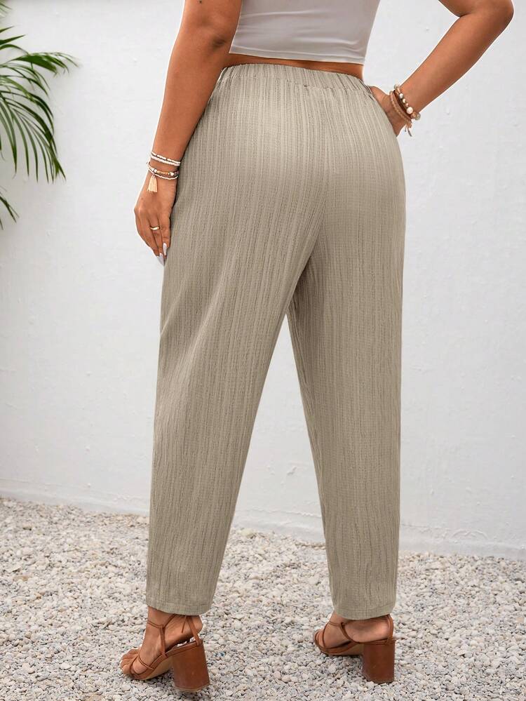 SHEIN Frenchy Plus Size Vacation Solid Color Knotted Casual Pants With Pockets - Grey - View 2