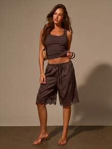 Athîral Women's Lace Patchwork Casual Versatile Daily Wear Long Pants - Brown - View 4
