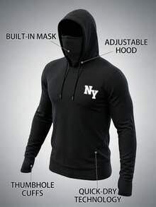 Manfinity Homme Men's Letter Print Built-In Face Mask Drawstring Hooded Long Sleeve Sun Protection Swim Top - Black - View 4