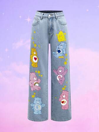 ROMWE X Care Bears Women's Slant Pocket Cartoon Bear Print Jeans